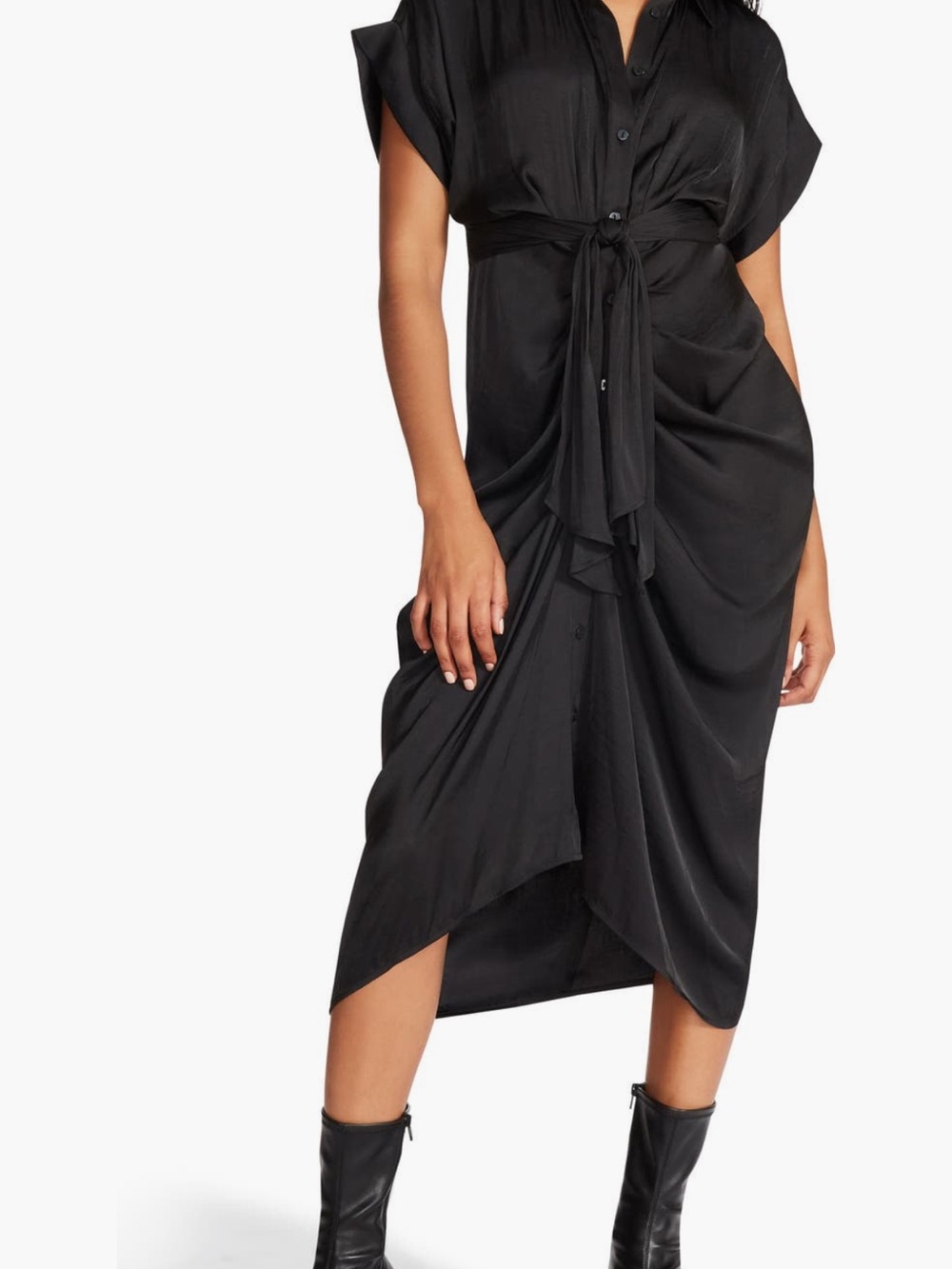 Steve Madden Black Button-Front Tie-Waist Tulip-Hem Maxi Dress